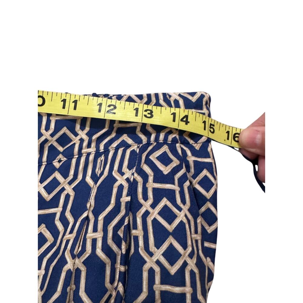 J.McLaughlin Silk Blend Geometric Wide Leg Pull On Pants Navy Tan Quiet Luxury 8 - Picture 7 of 11